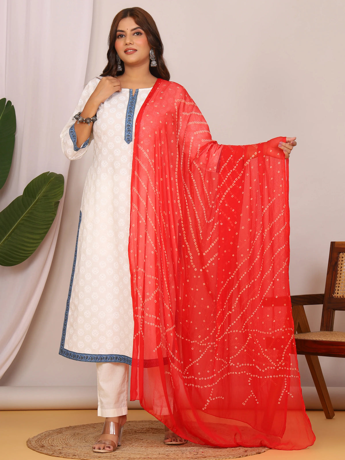 Red Nazmin Chiffon Hand Tied Bhandej Dupatta (2.5 Meter)