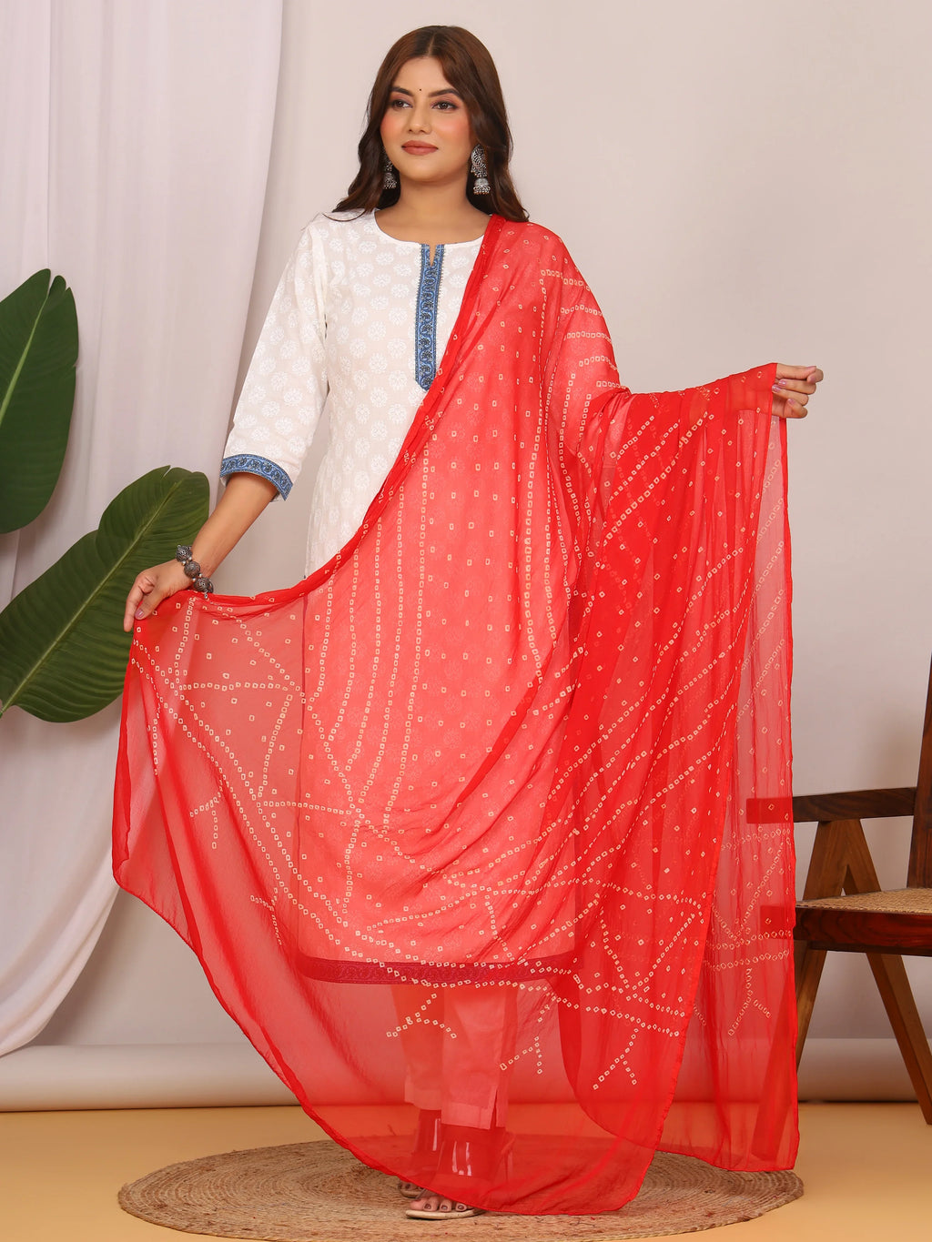 Red Nazmin Chiffon Hand Tied Bhandej Dupatta (2.5 Meter)