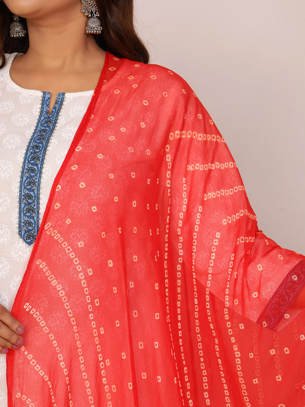Red Nazmin Chiffon Hand Tied Bhandej Dupatta (2.5 Meter)