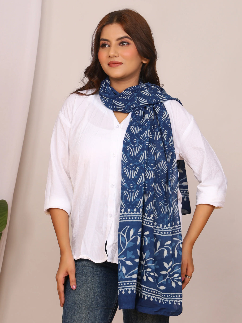 Indigo Pure Cotton Handblock Dabu Print Stole with Leaf & Shell Motifs