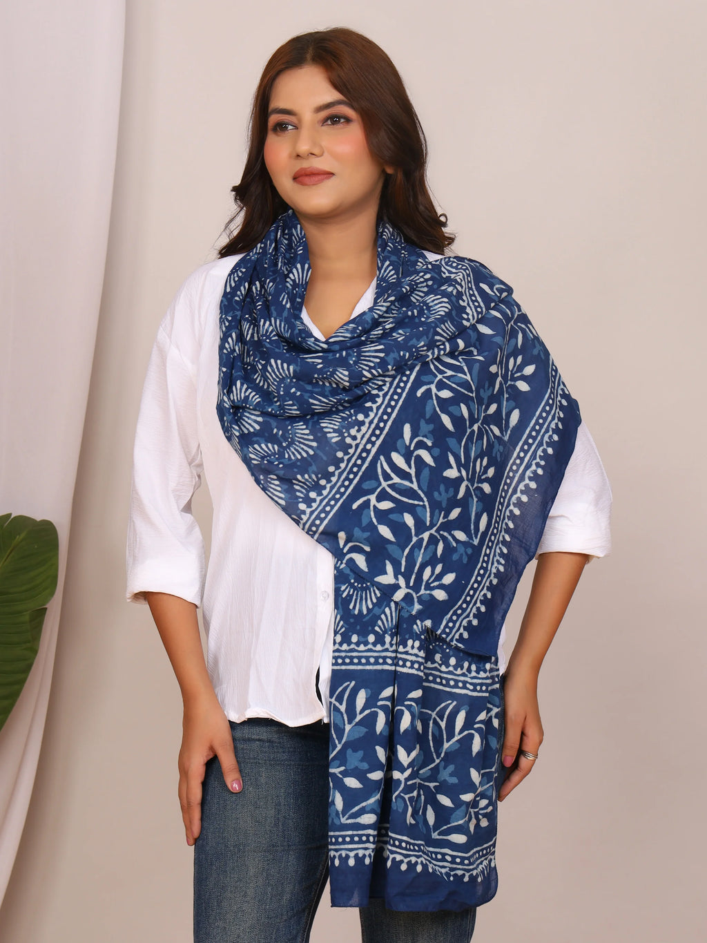 Indigo Pure Cotton Handblock Dabu Print Stole with Leaf & Shell Motifs