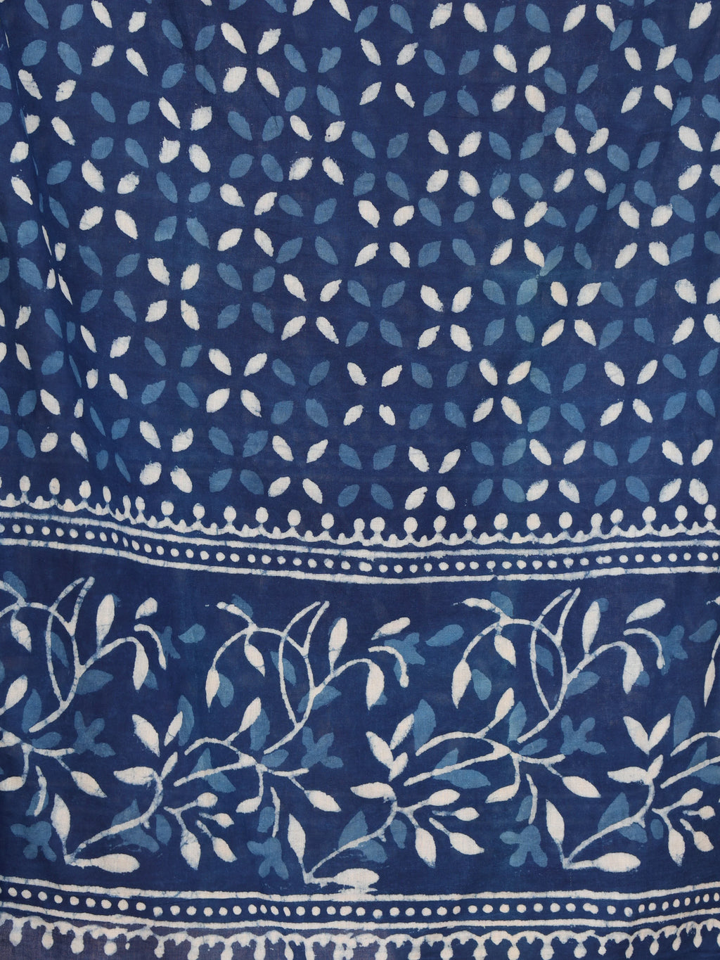 Indigo Blue Dabu Printed Cotton Stole with Floral and Leaf Motifs