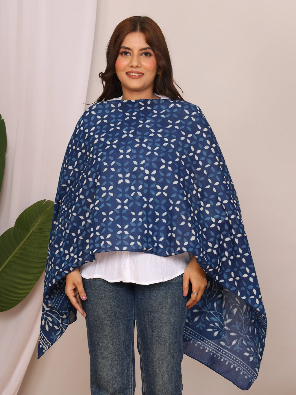 Indigo Blue Dabu Printed Cotton Stole with Floral and Leaf Motifs