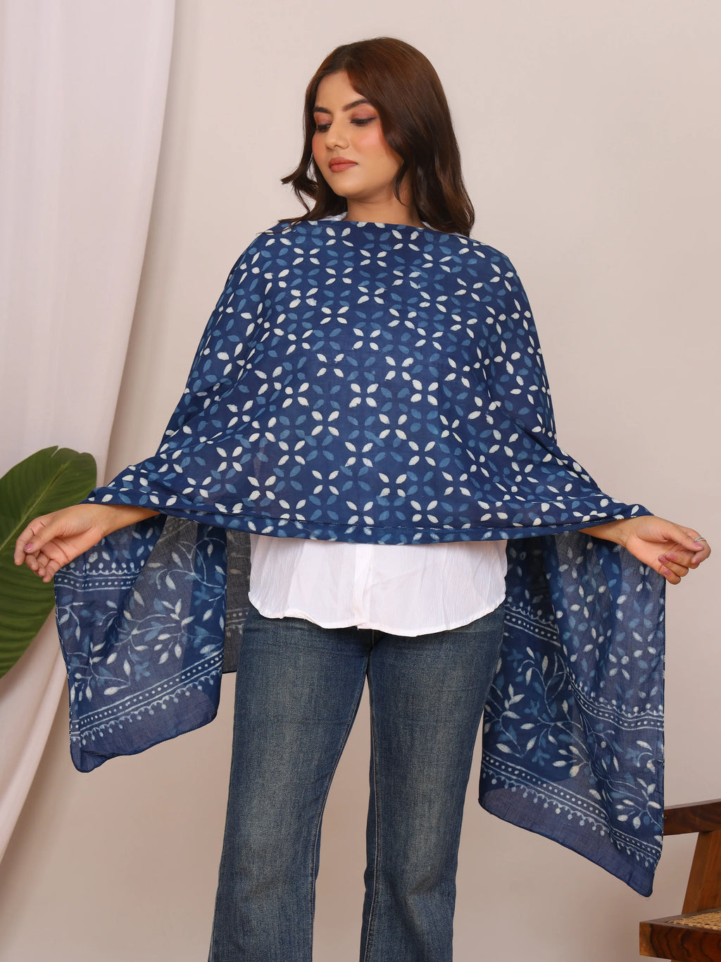 Indigo Blue Dabu Printed Cotton Stole with Floral and Leaf Motifs