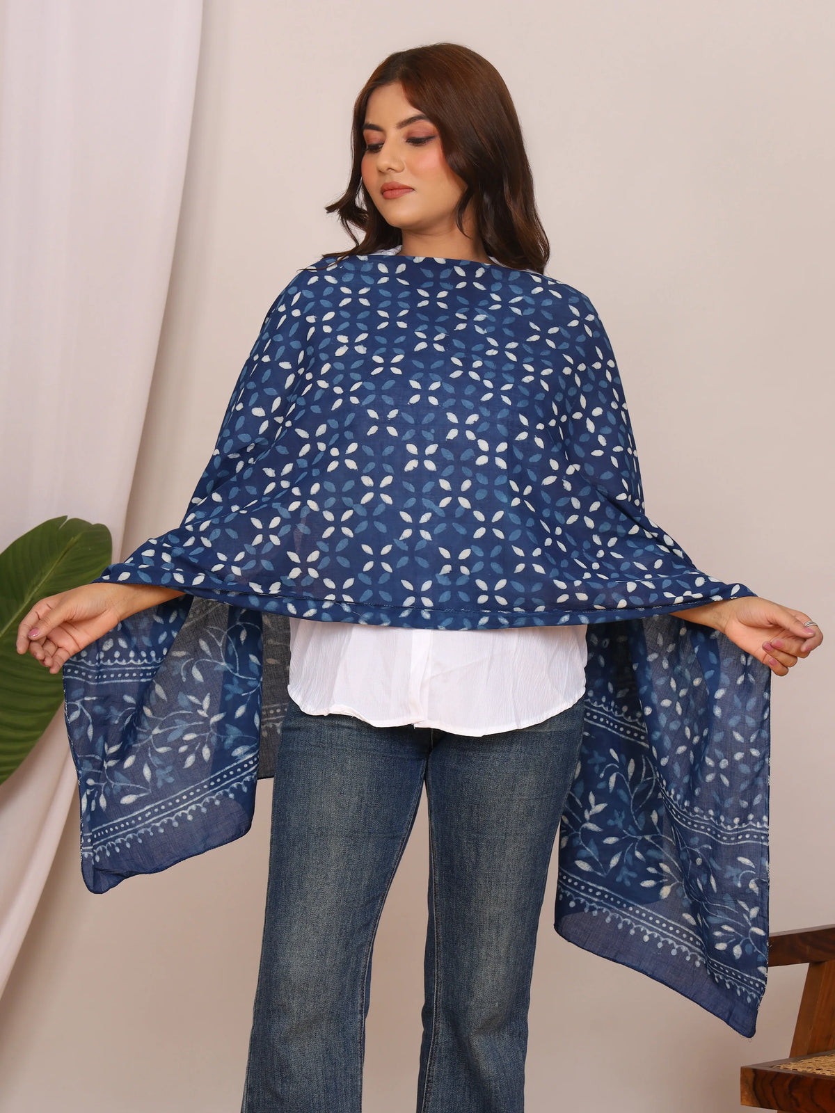 Indigo Blue Dabu Printed Cotton Stole with Floral and Leaf Motifs