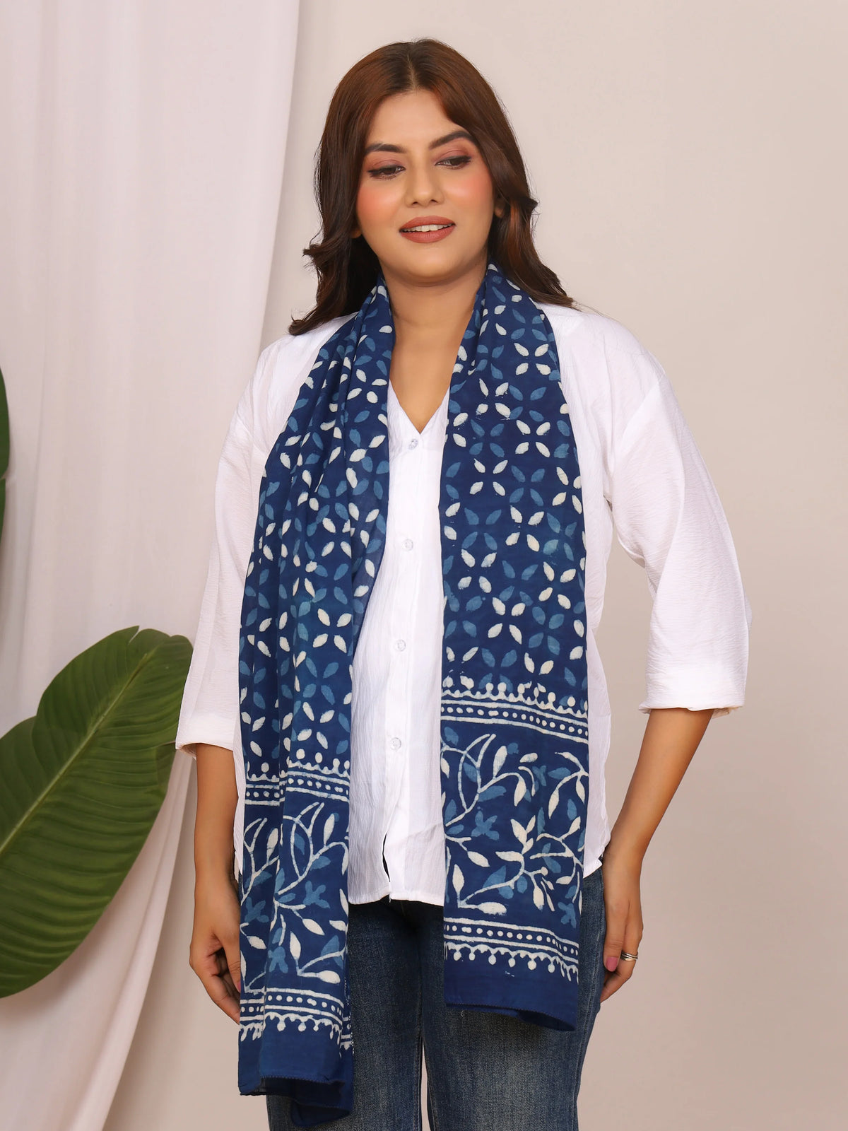 Indigo Blue Dabu Printed Cotton Stole with Floral and Leaf Motifs