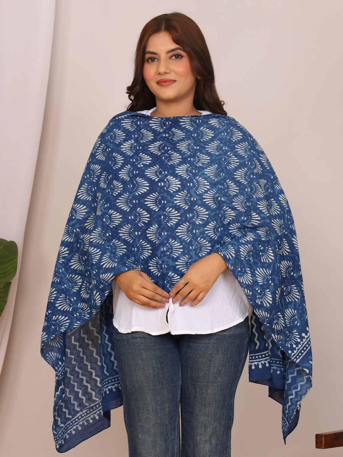 Indigo Pure Cotton Dabu Print Stole with Shell and Zigzag Motifs