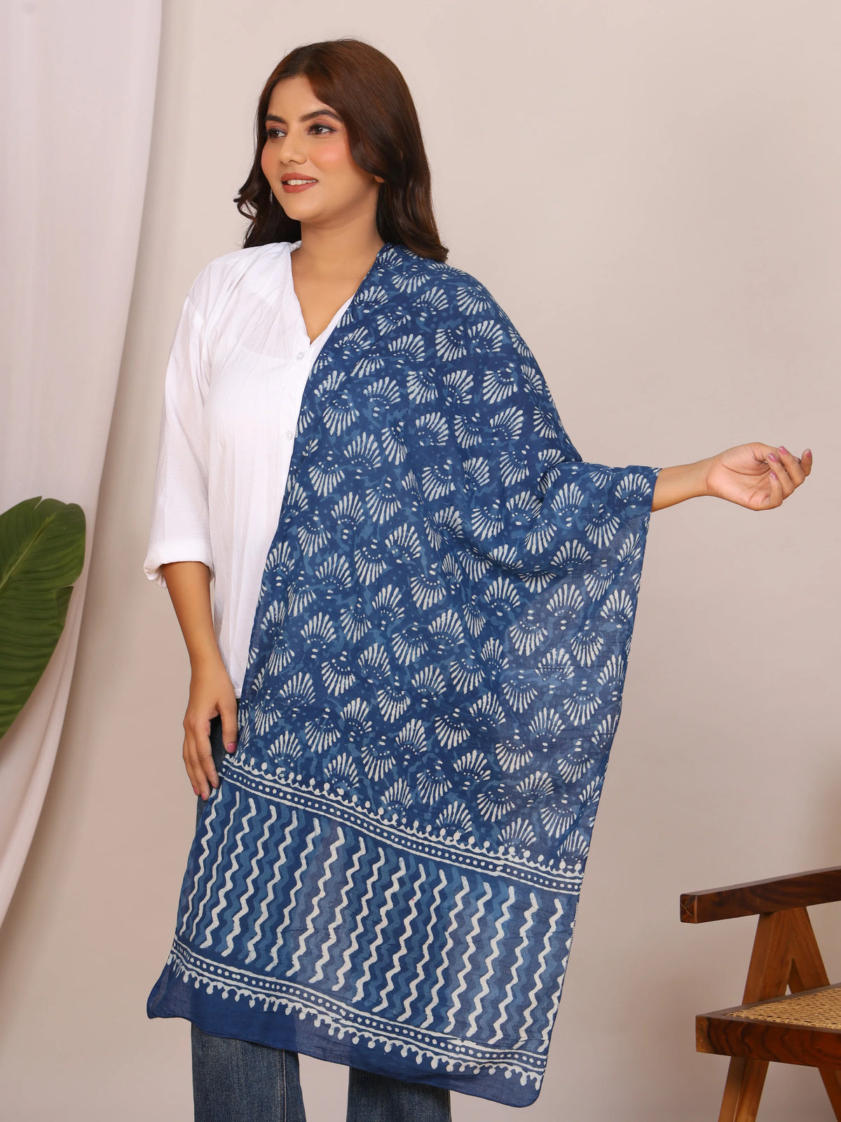 Indigo Pure Cotton Dabu Print Stole with Shell and Zigzag Motifs
