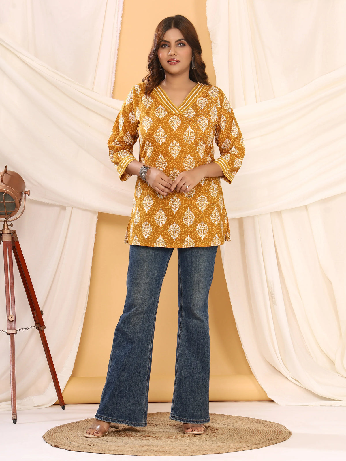 Sanganeri Mustard Yellow Floral Print Pure Cotton Top