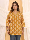 Sanganeri Mustard Yellow Floral Print Pure Cotton Top