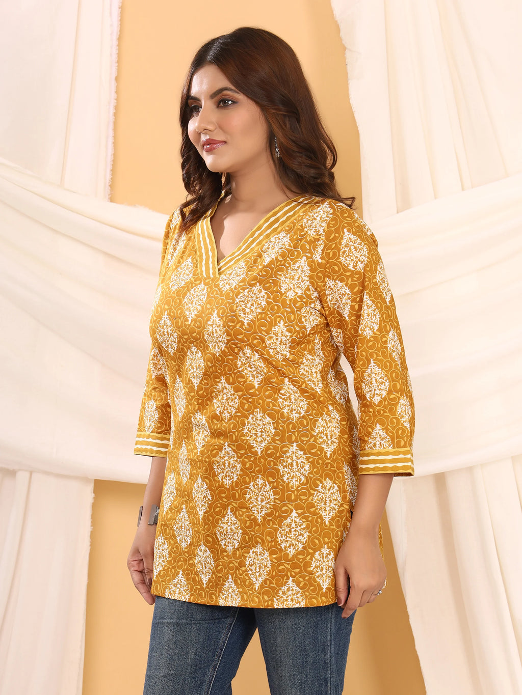 Sanganeri Mustard Yellow Floral Print Pure Cotton Top