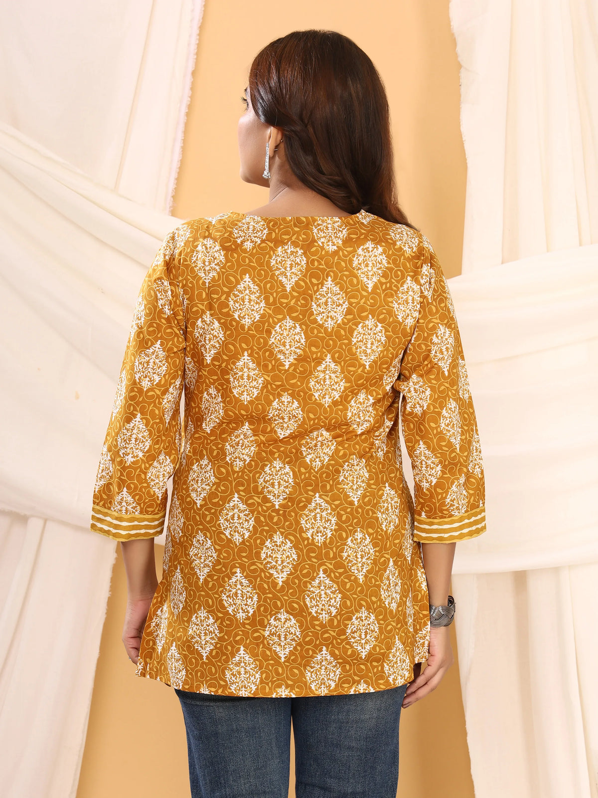 Sanganeri Mustard Yellow Floral Print Pure Cotton Top