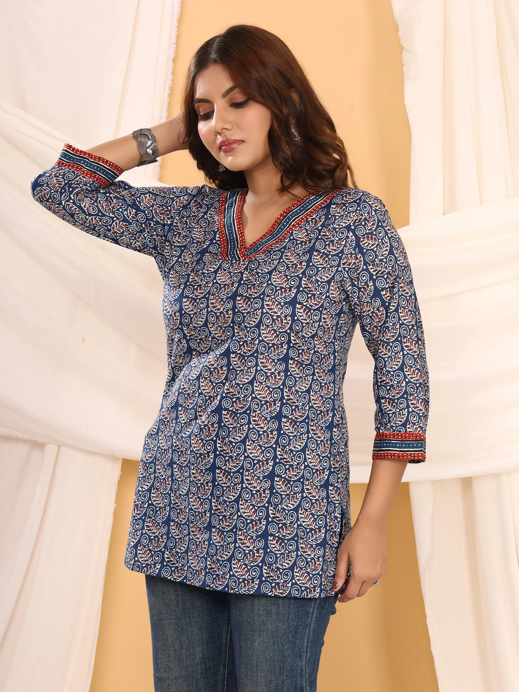 Ajrakh Navy Blue Leaft Print Pure Cotton Top