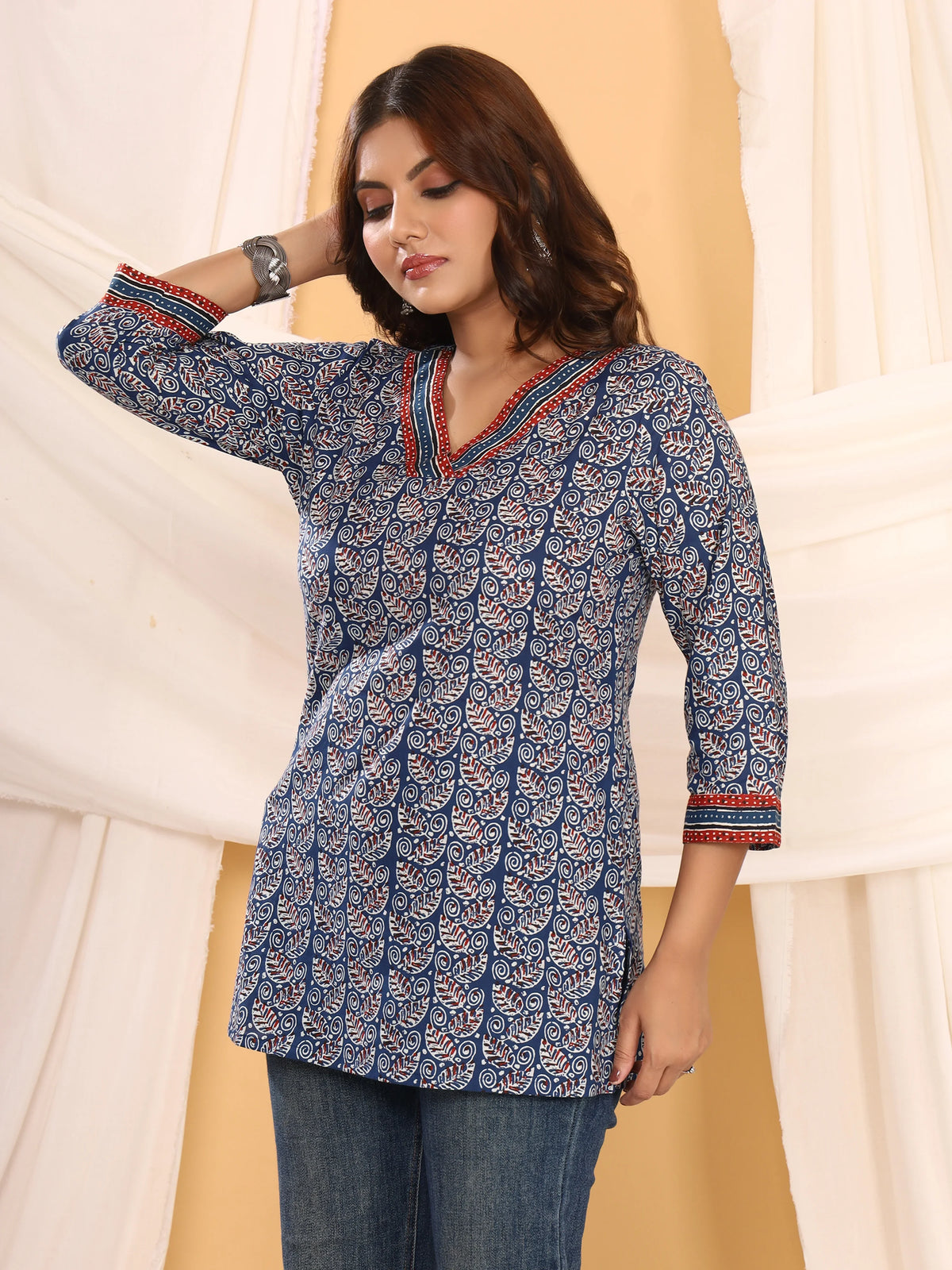Ajrakh Navy Blue Leaft Print Pure Cotton Top