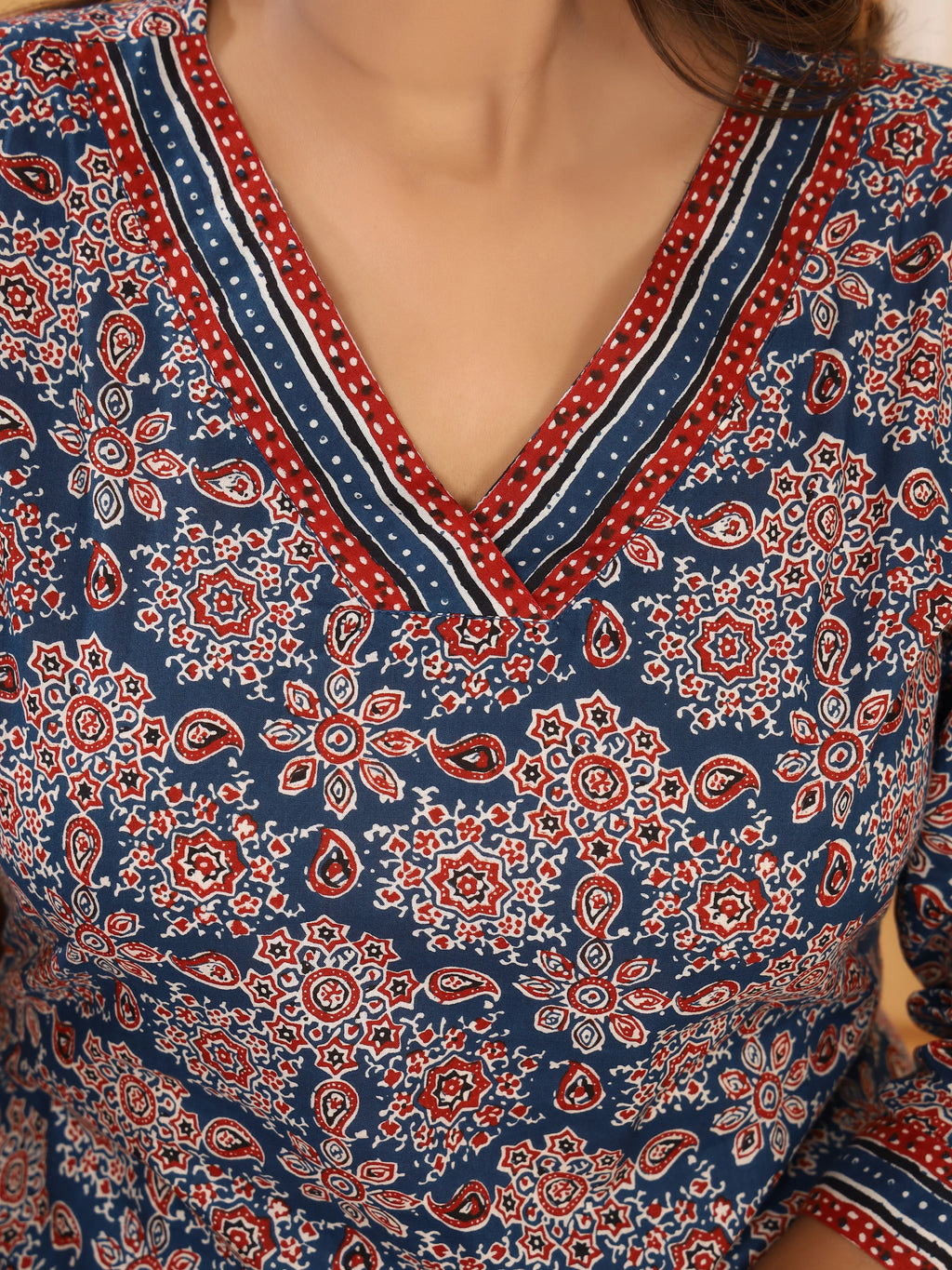 Ajrakh Navy Geometric Print Pure Cotton Top