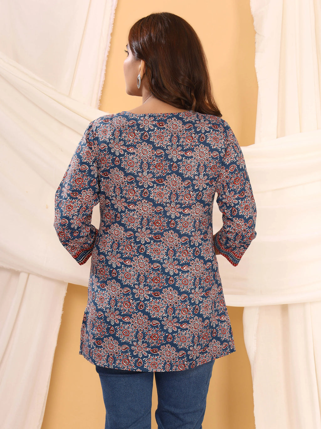 Ajrakh Navy Geometric Print Pure Cotton Top