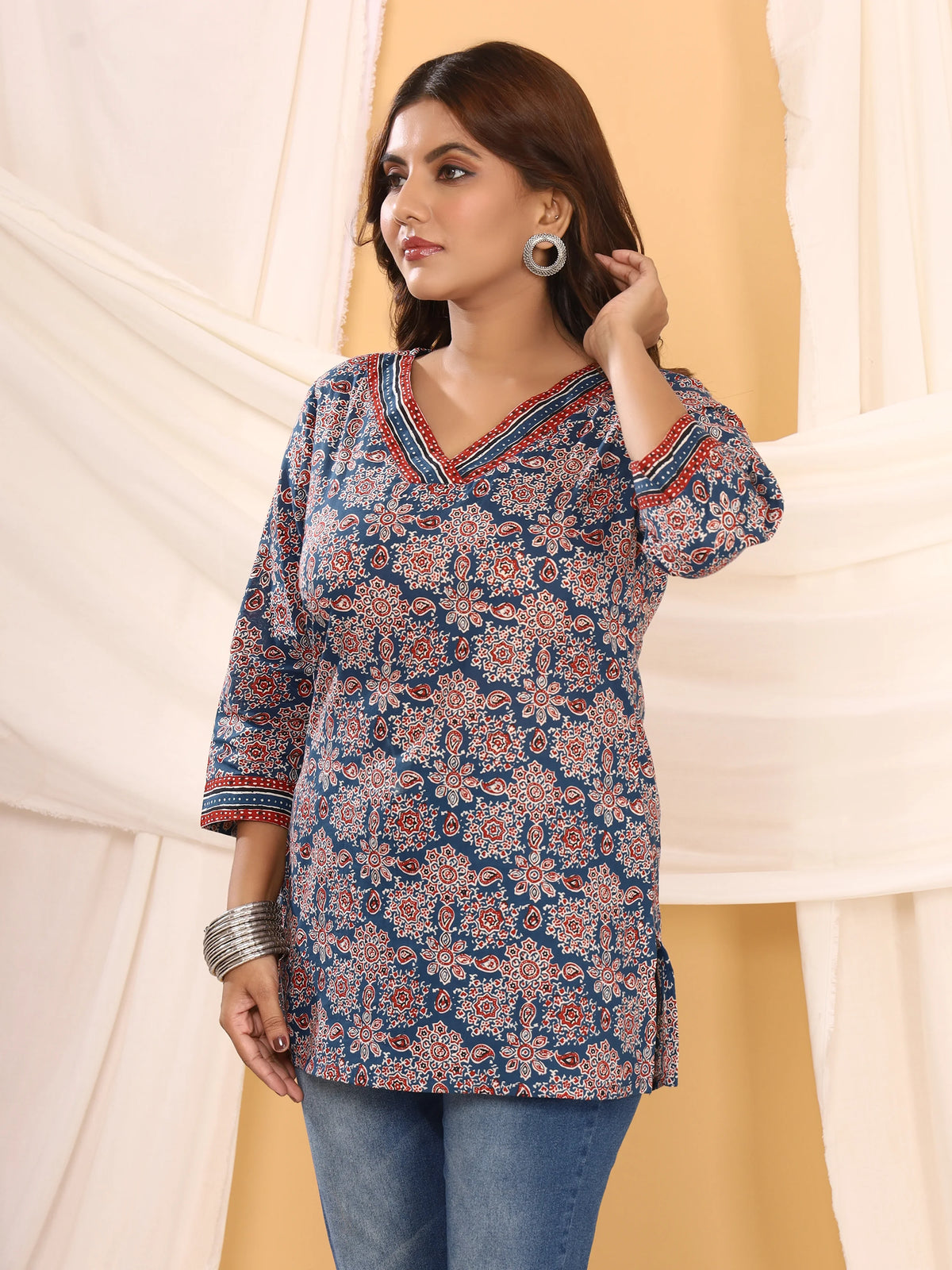 Ajrakh Navy Geometric Print Pure Cotton Top