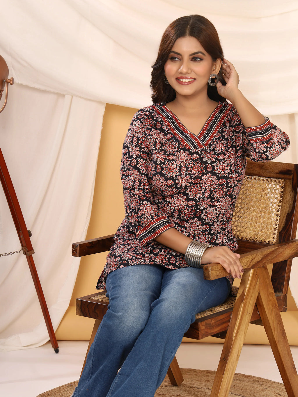 Ajrakh Black Geometric Print Pure Cotton Top