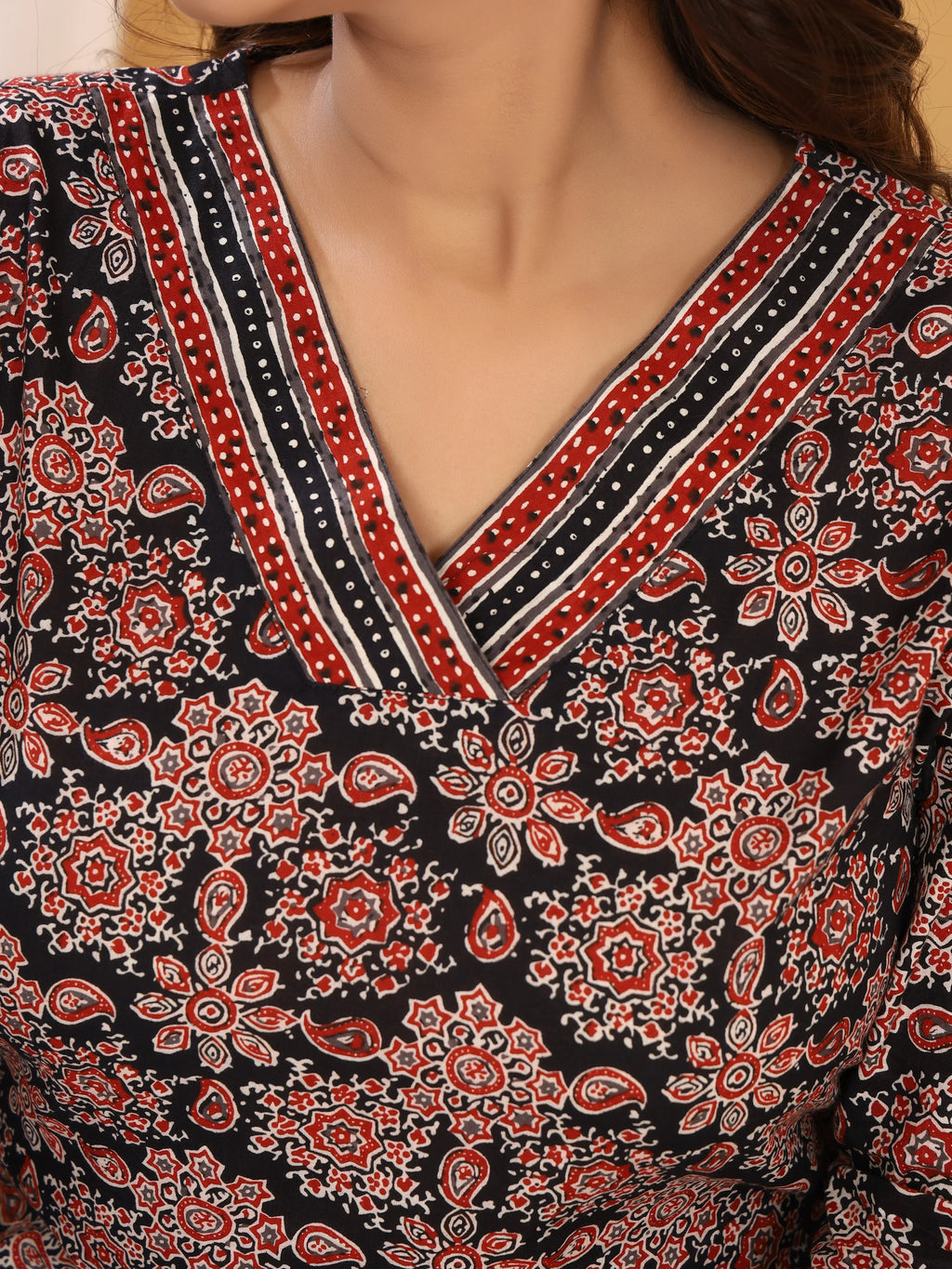 Ajrakh Black Geometric Print Pure Cotton Top