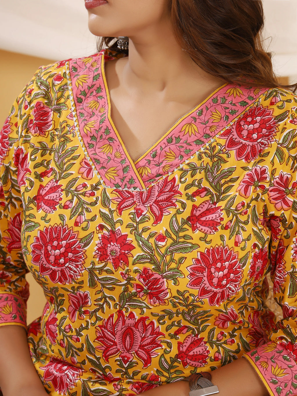 Sanganeri Floral Print Yellow Cotton Kurti