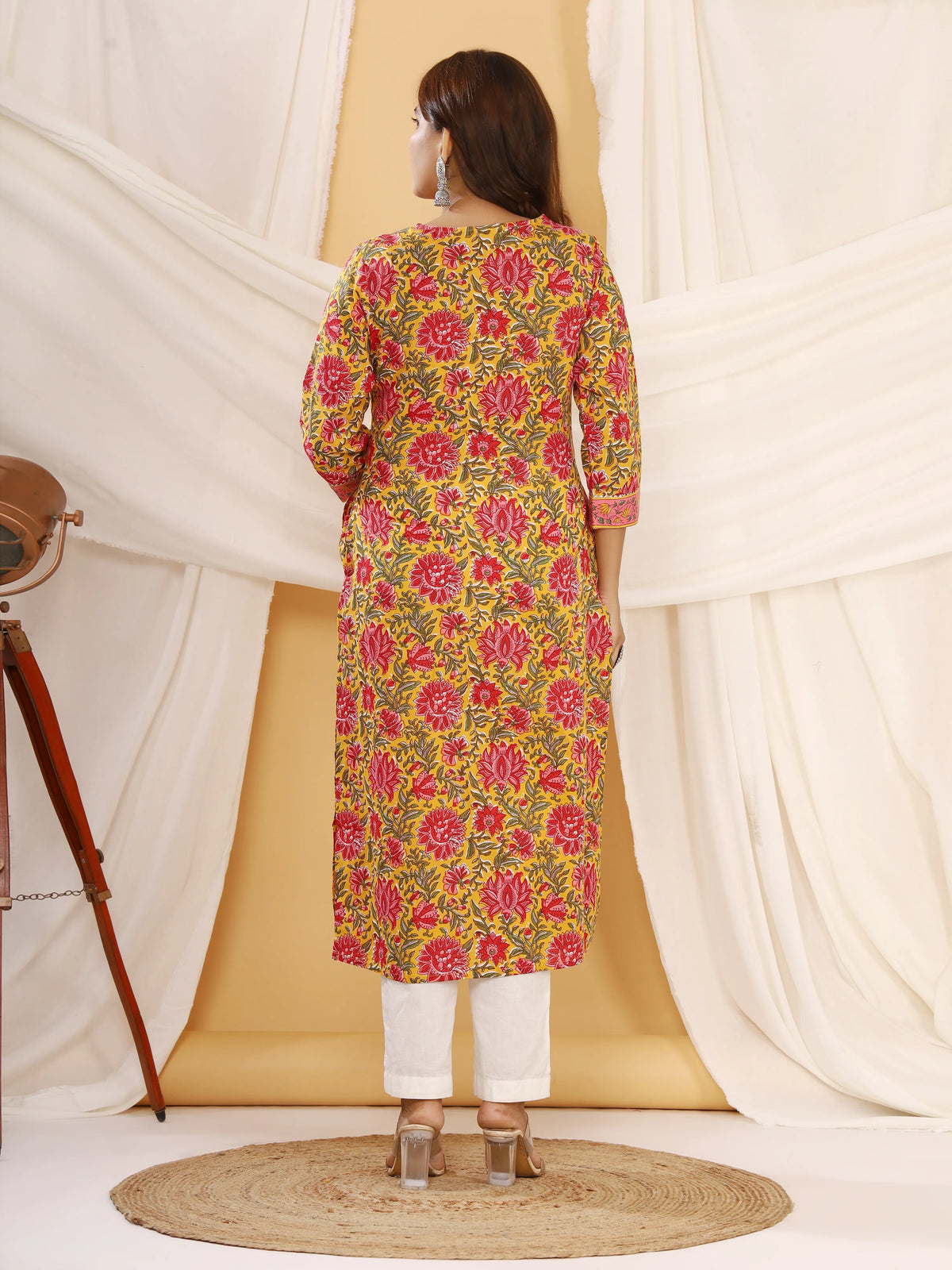 Sanganeri Floral Print Yellow Cotton Kurti