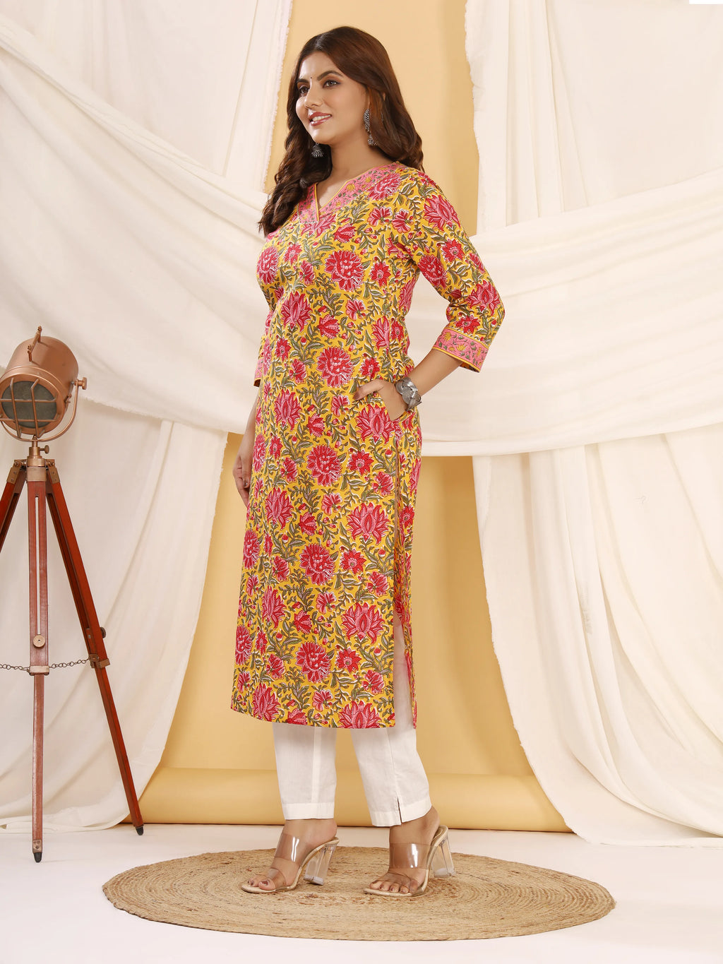 Sanganeri Floral Print Yellow Cotton Kurti