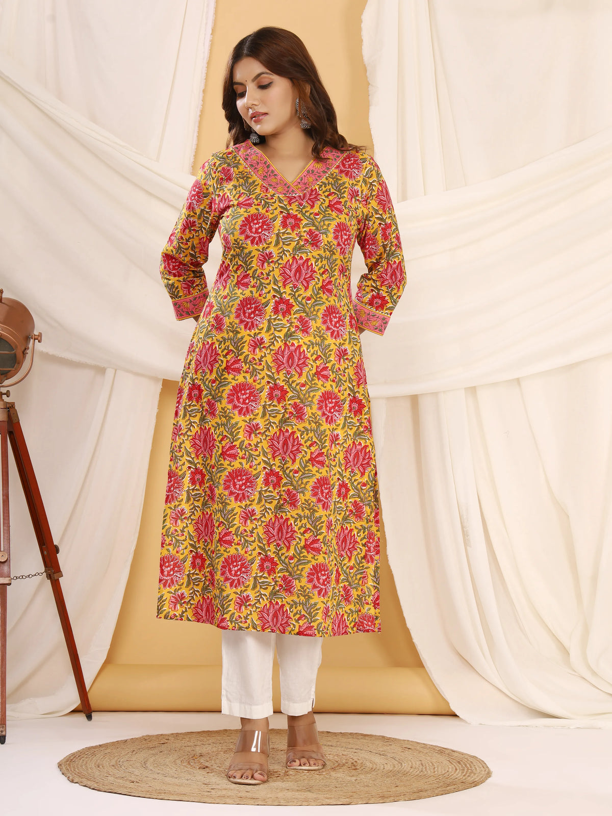 Sanganeri Floral Print Yellow Cotton Kurti