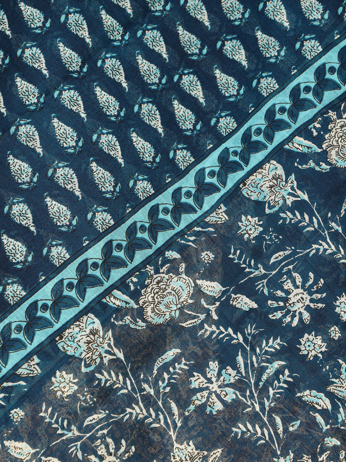Women's Pure Cotton Sanganeri Print Unstitched Suit Set – Teal Blue Floral Buti Design
