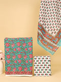 Women's Pure Cotton Sanganeri Print Unstitched Suit Set – Aqua Blue & Coral Floral Design