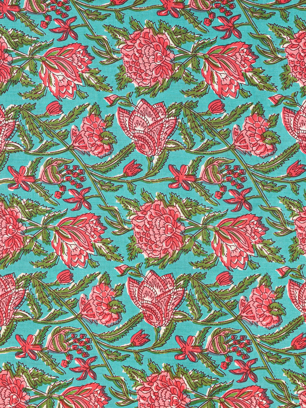Women's Pure Cotton Sanganeri Print Unstitched Suit Set – Aqua Blue & Coral Floral Design