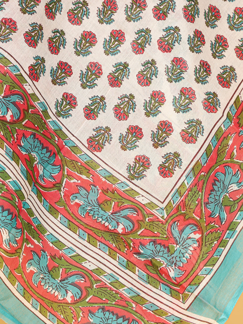 Women's Pure Cotton Sanganeri Print Unstitched Suit Set – Aqua Blue & Coral Floral Design