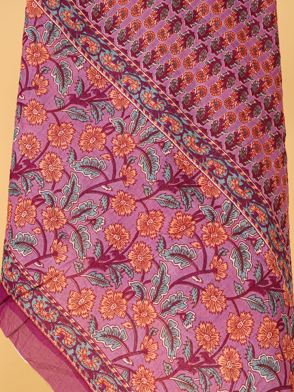 Women's Pure Cotton Sanganeri Print Unstitched Suit Set – Magenta Pink & Mustard Floral Design