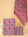 Women's Pure Cotton Sanganeri Print Unstitched Suit Set – Magenta Pink & Mustard Floral Design