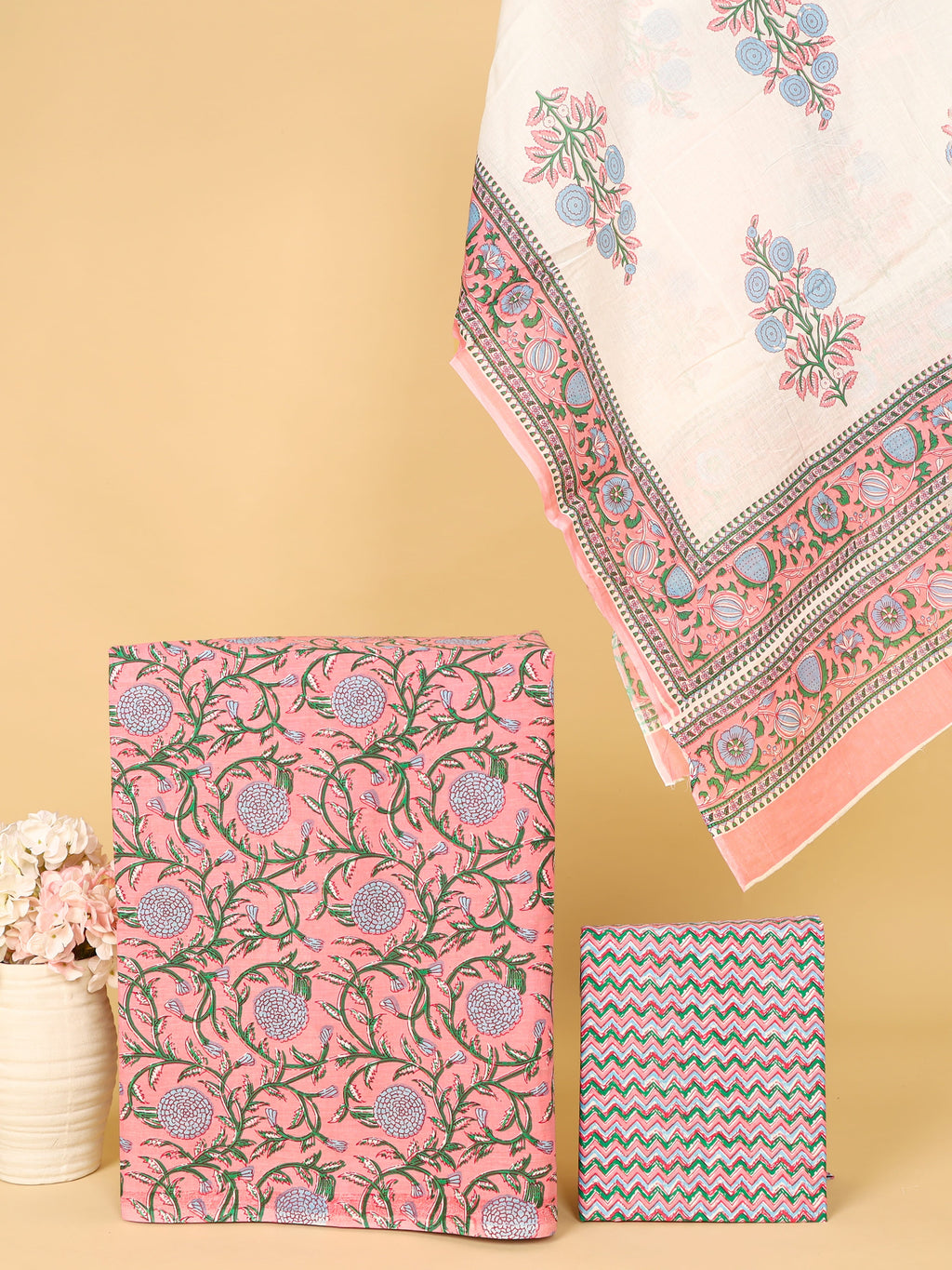 Women's Pure Cotton Sanganeri Print Unstitched Suit Set – Peach Pink & Pastel Floral Design