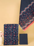 Women's Pure Cotton Sanganeri Print Unstitched Suit Set – Navy Blue & Coral Floral Design