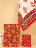 Women's Pure Cotton Sanganeri Print Unstitched Suit Set – Bright Red & Marigold Floral Design