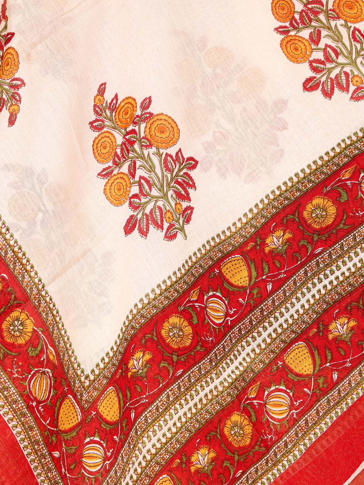 Women's Pure Cotton Sanganeri Print Unstitched Suit Set – Bright Red & Marigold Floral Design
