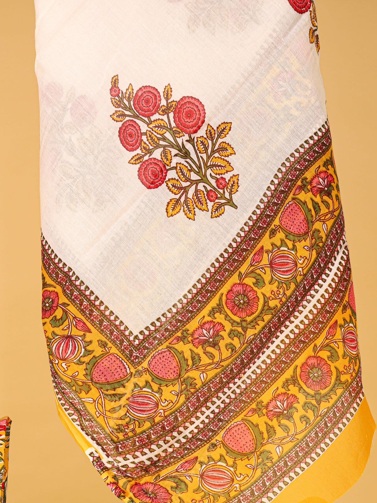 Women's Pure Cotton Sanganeri Print Unstitched Suit Set – Mustard Yellow & Red Floral Design