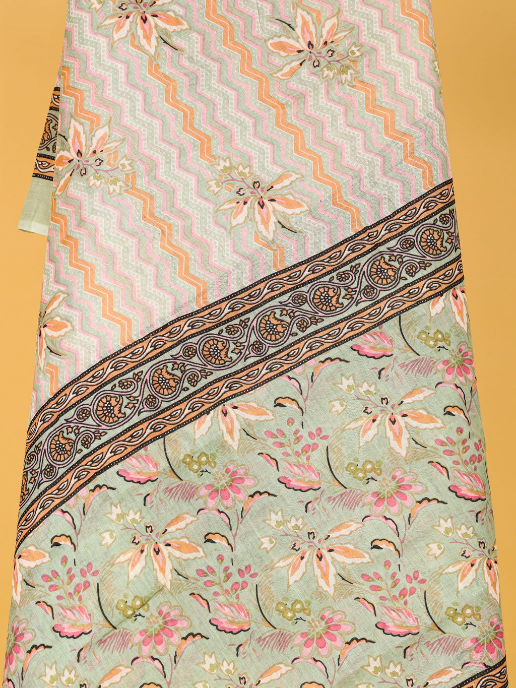 Women's Pure Cotton Sanganeri Print Unstitched Suit Set – Mint Green & Pastel Floral Design