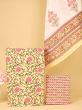 Women's Pure Cotton Sanganeri Print Unstitched Suit Set – Lemon Yellow & Pink Floral Design