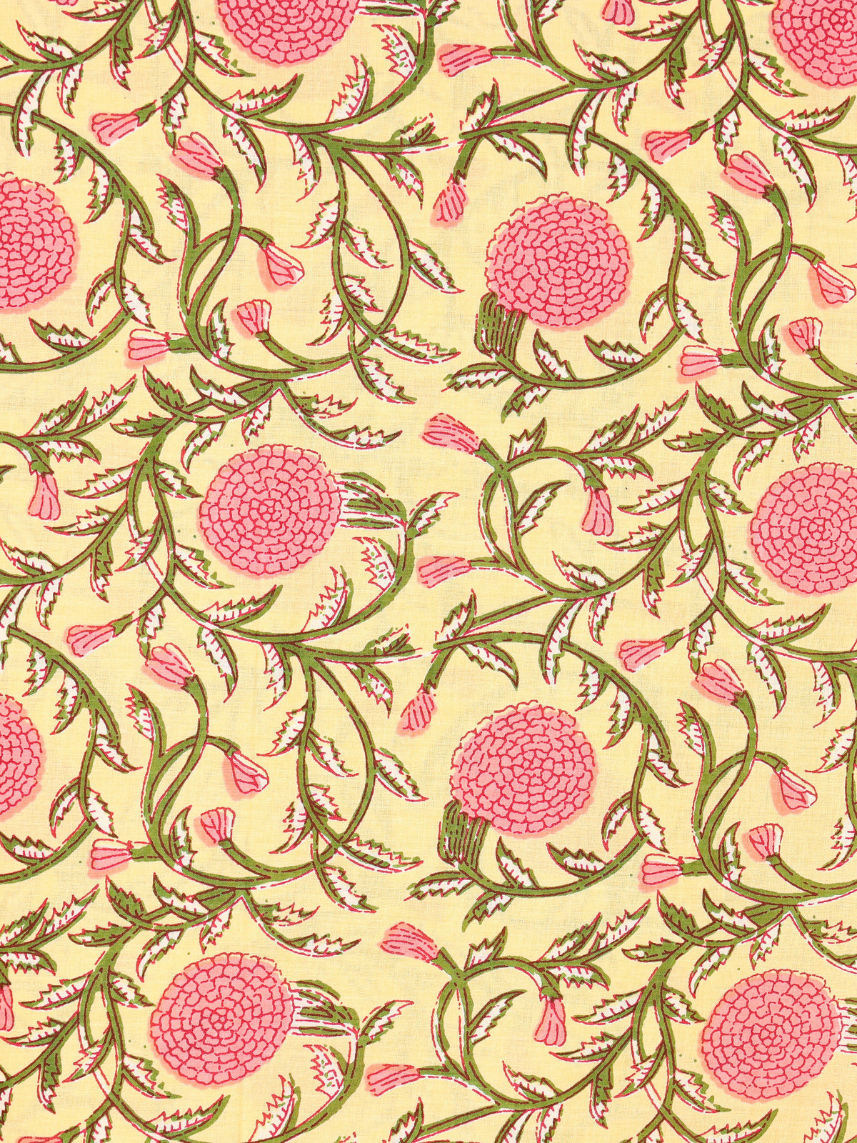 Women's Pure Cotton Sanganeri Print Unstitched Suit Set – Lemon Yellow & Pink Floral Design