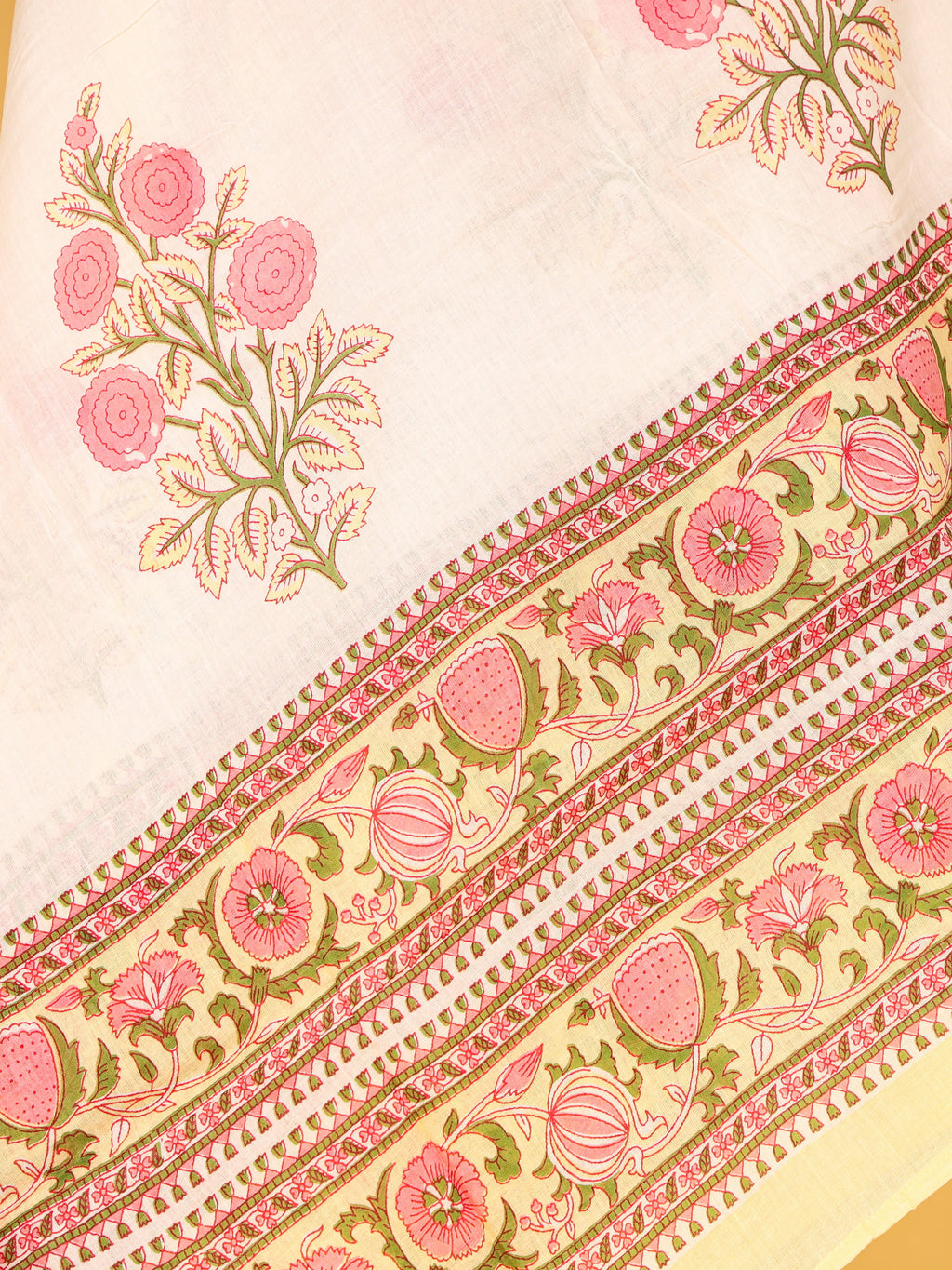 Women's Pure Cotton Sanganeri Print Unstitched Suit Set – Lemon Yellow & Pink Floral Design