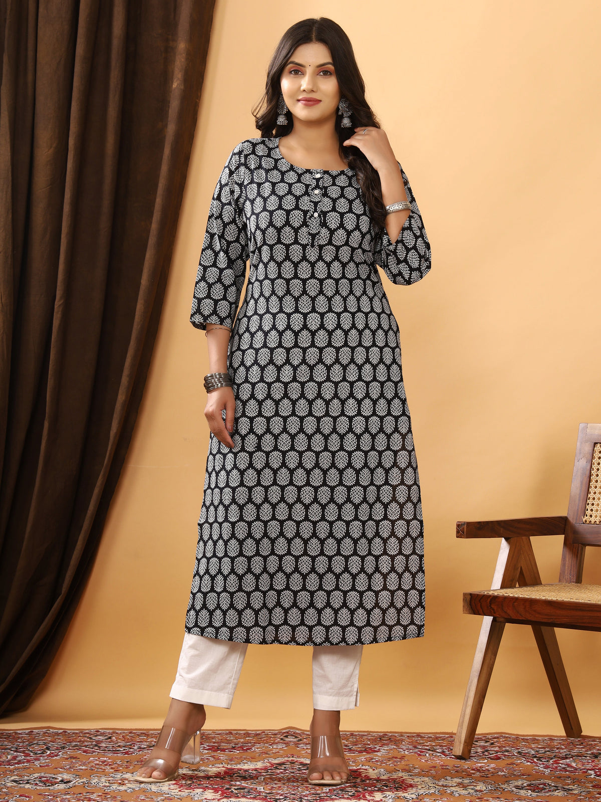Sanganeri Buti Print Black Cotton Kurti