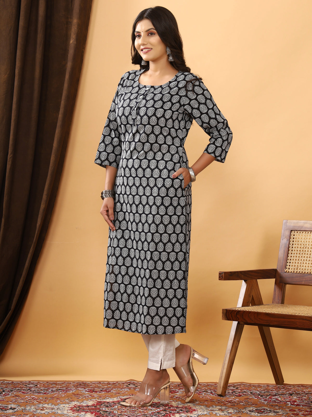 Sanganeri Buti Print Black Cotton Kurti
