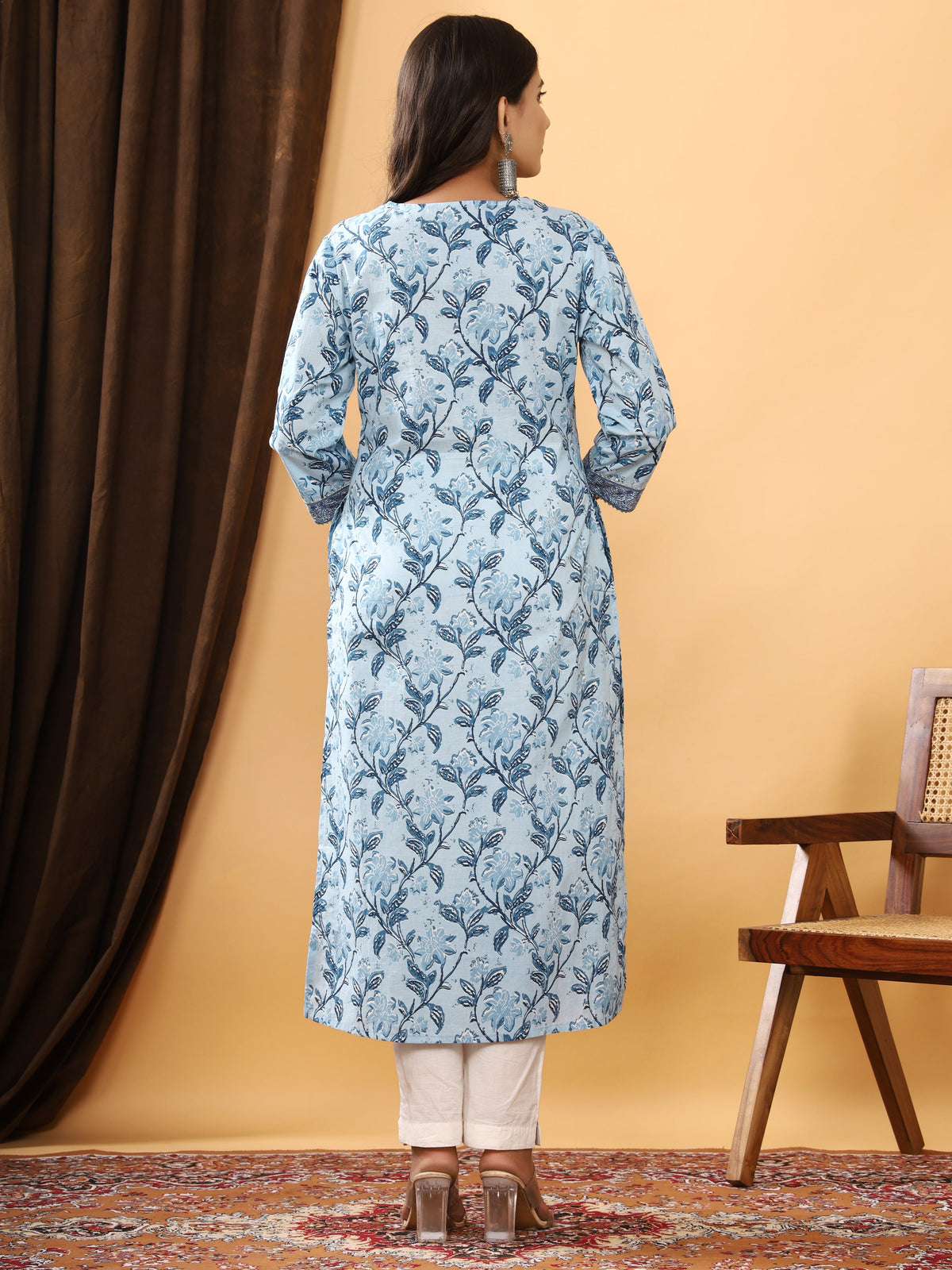 Sanganeri Floral Print Sky Blue Cotton Kurti