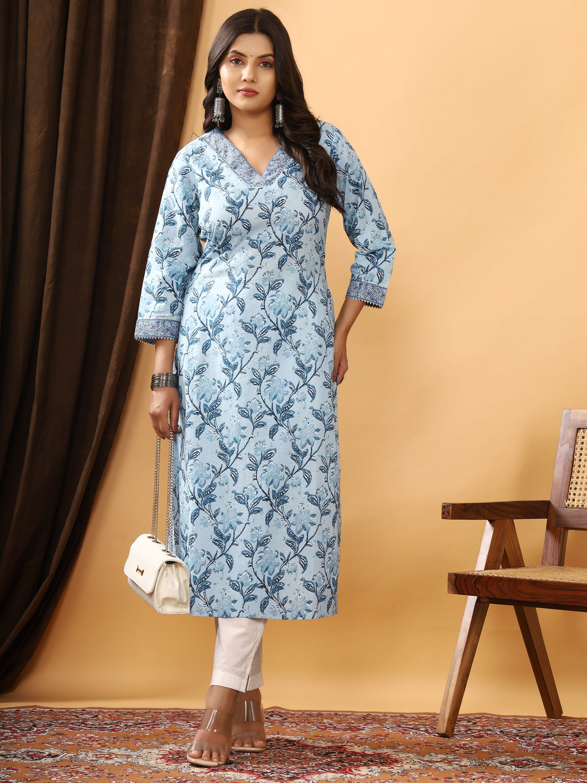 Sanganeri Floral Print Sky Blue Cotton Kurti