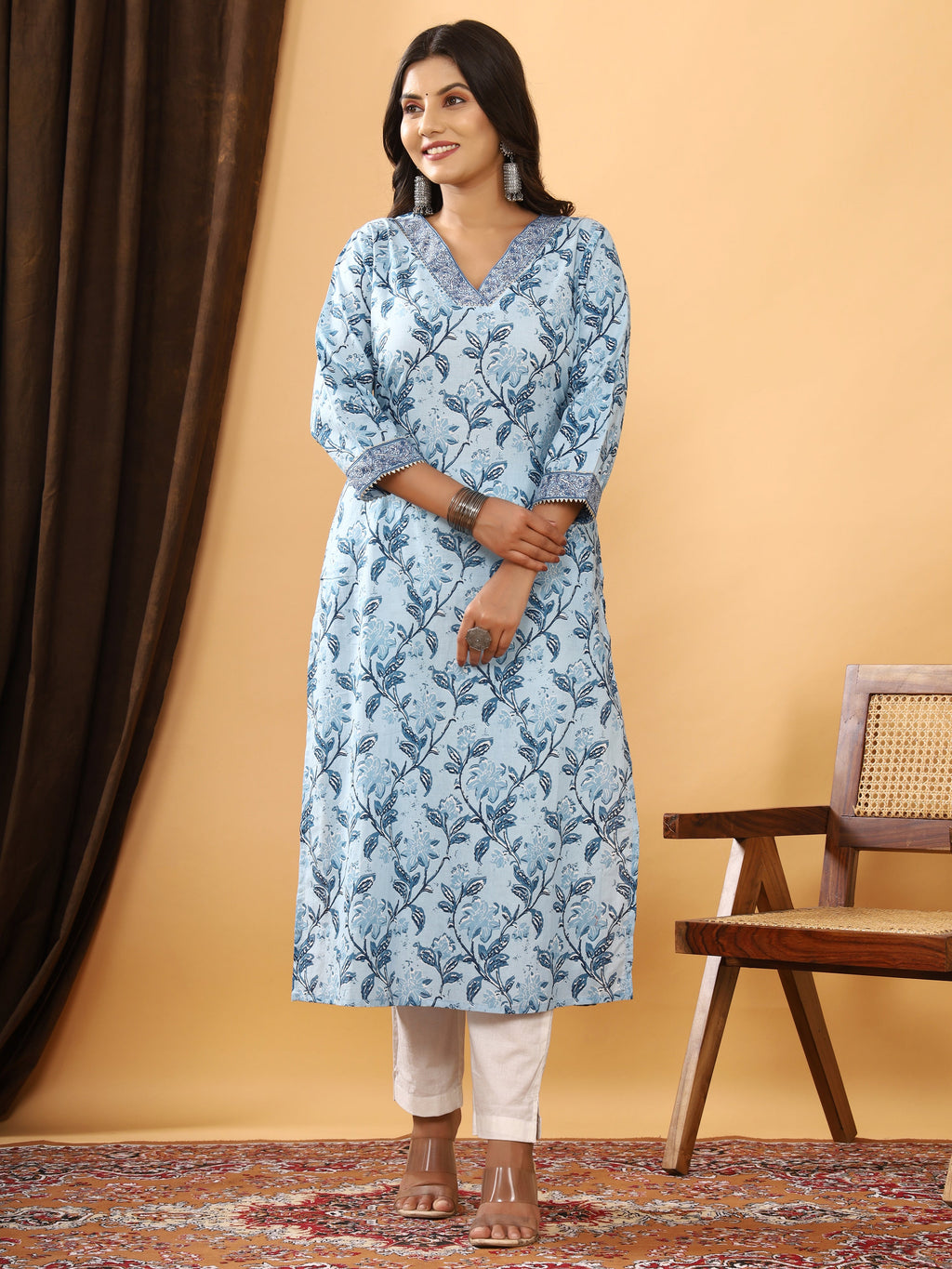 Sanganeri Floral Print Sky Blue Cotton Kurti