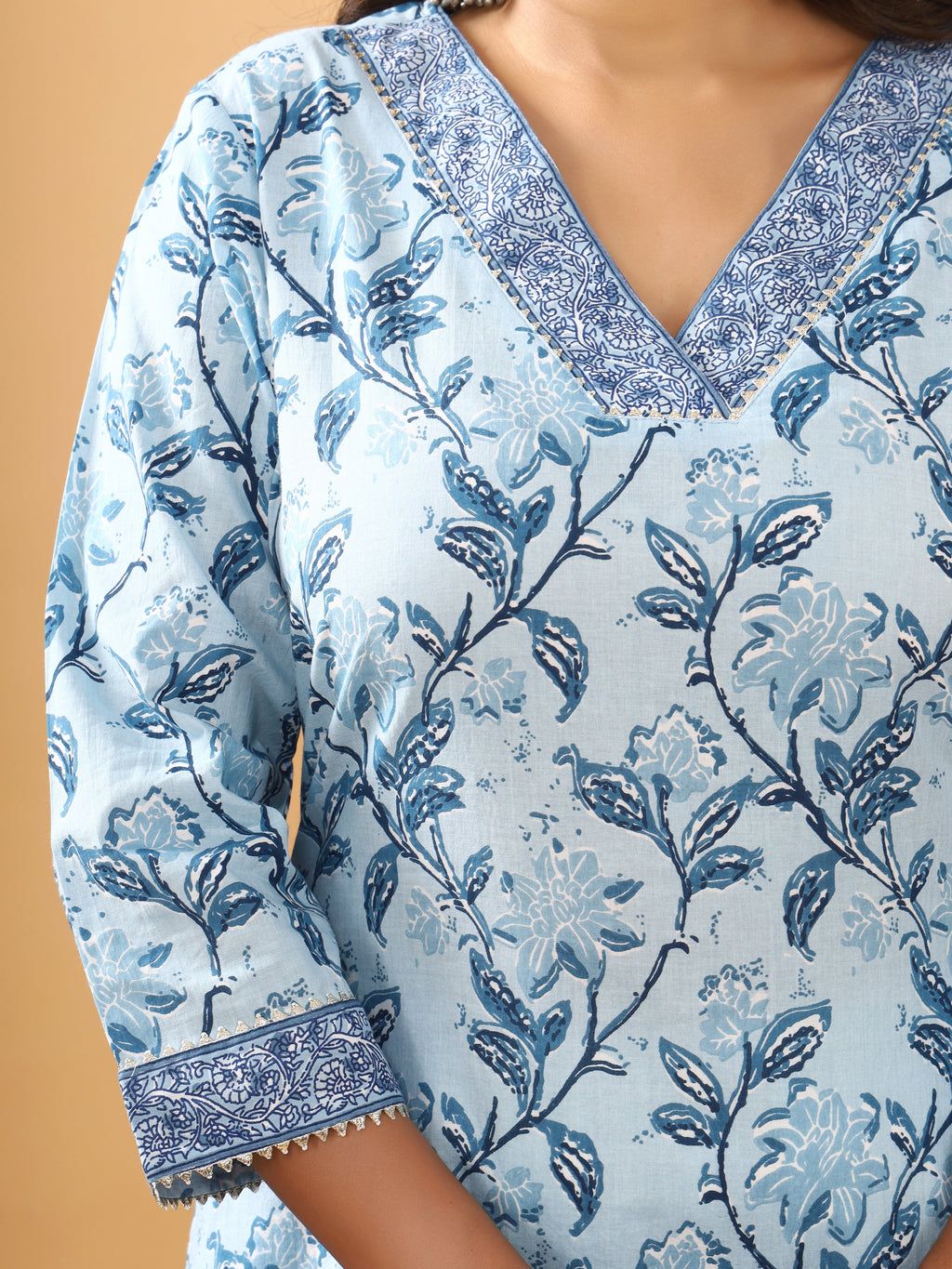 Sanganeri Floral Print Sky Blue Cotton Kurti