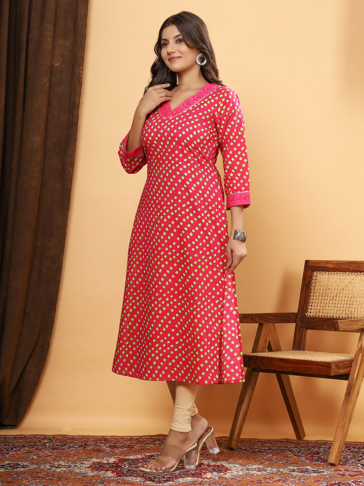 Sanganeri Bhandej Box Print Pink Cotton Kurti