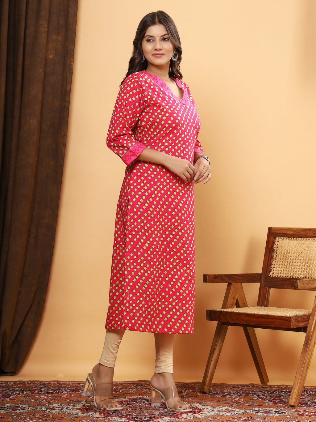 Sanganeri Bhandej Box Print Pink Cotton Kurti
